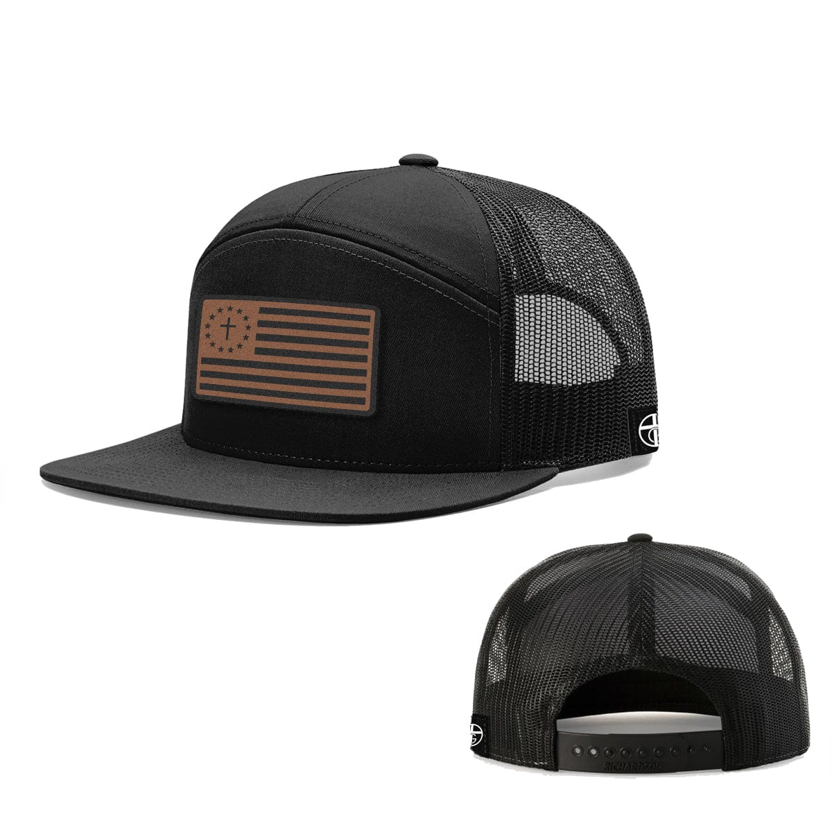 Our True God Hat Seven-Panel Trucker Flatbill / Heather and Black / One Size One Nation Under God Leather Patch 7 Panel Hats