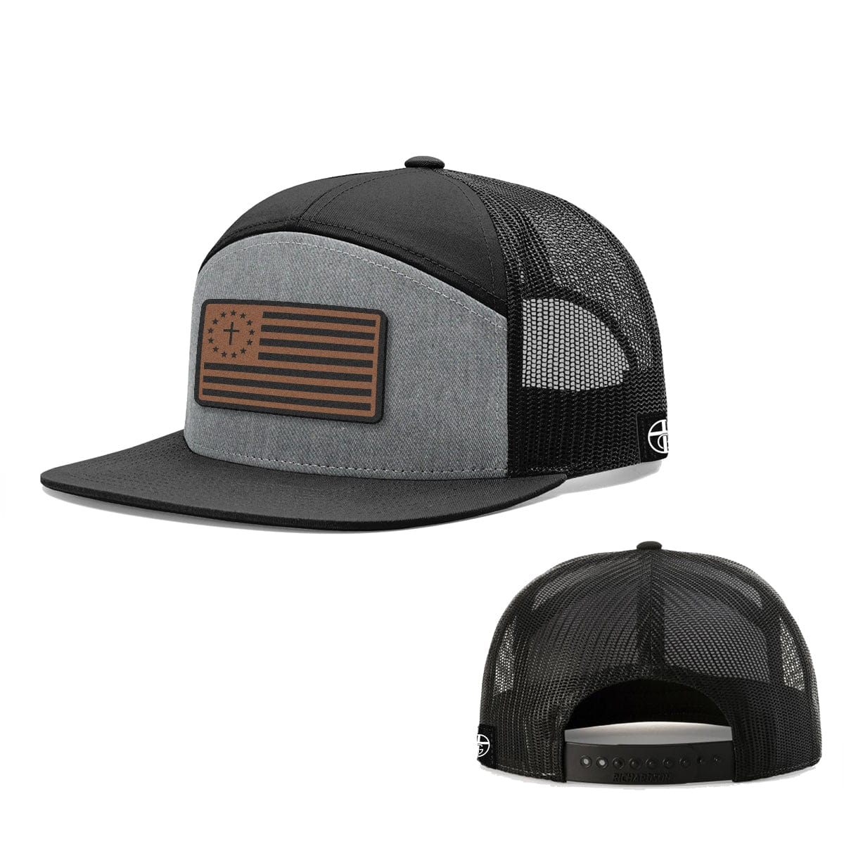 Our True God Hat Seven-Panel Trucker Flatbill / Heather and Black / One Size One Nation Under God Leather Patch 7 Panel Hats