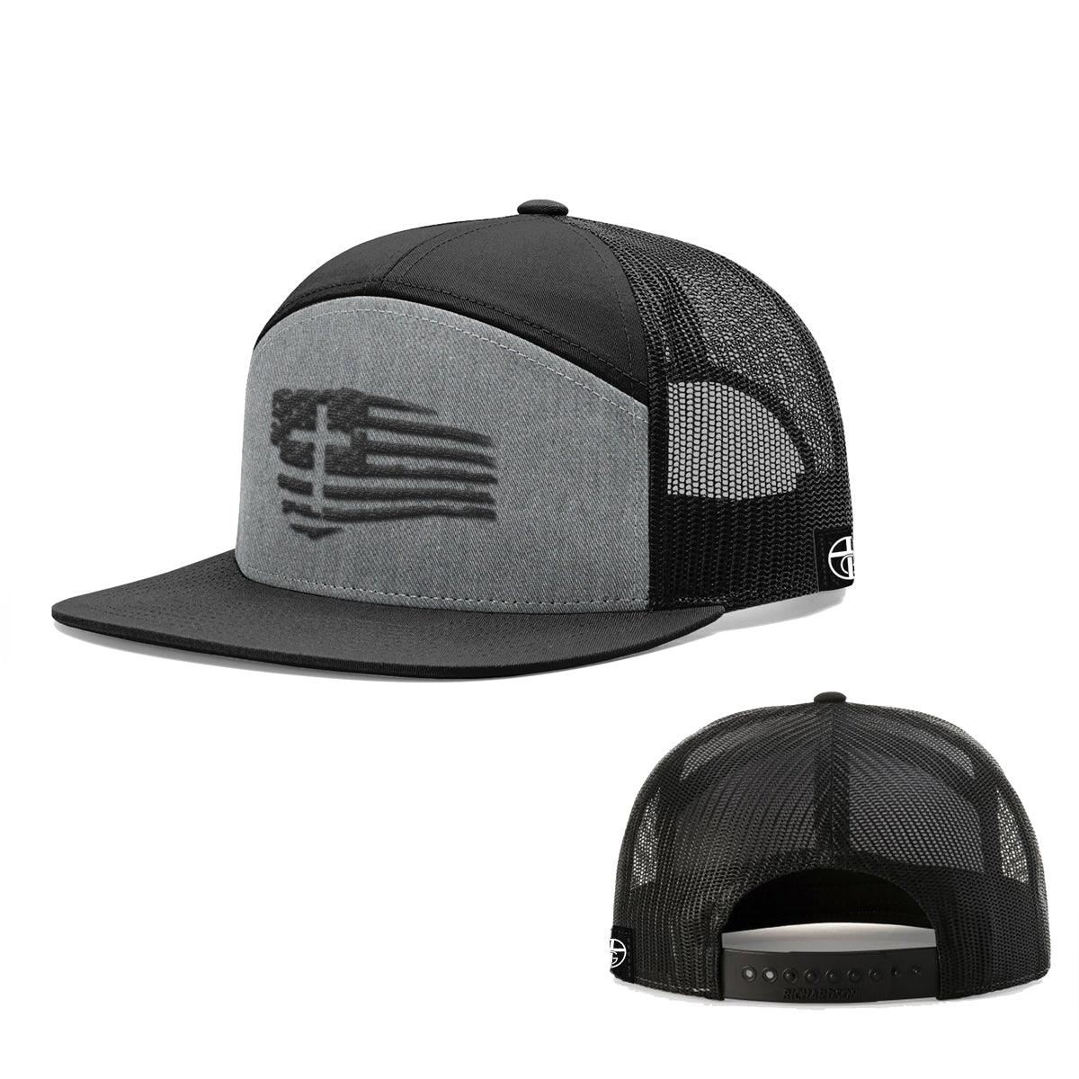 Our True God Hat Seven-Panel Trucker Flatbill / Heather and Black Tattered Flag Cross 7 Panel Hats