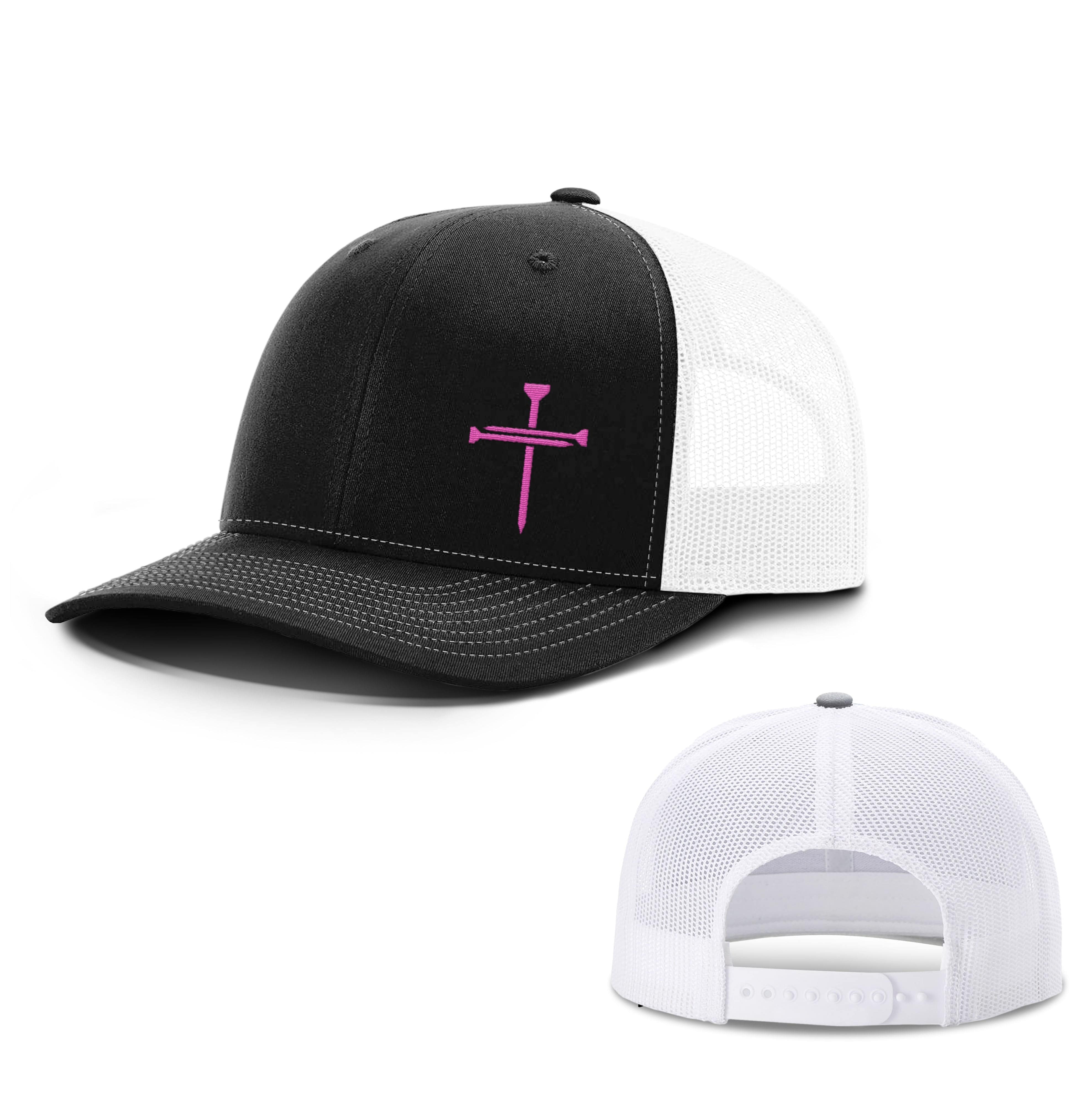 Our True God Hat Snapback / Black and White / One Size Breast Cancer Awareness Nail Cross Lower Left Hat