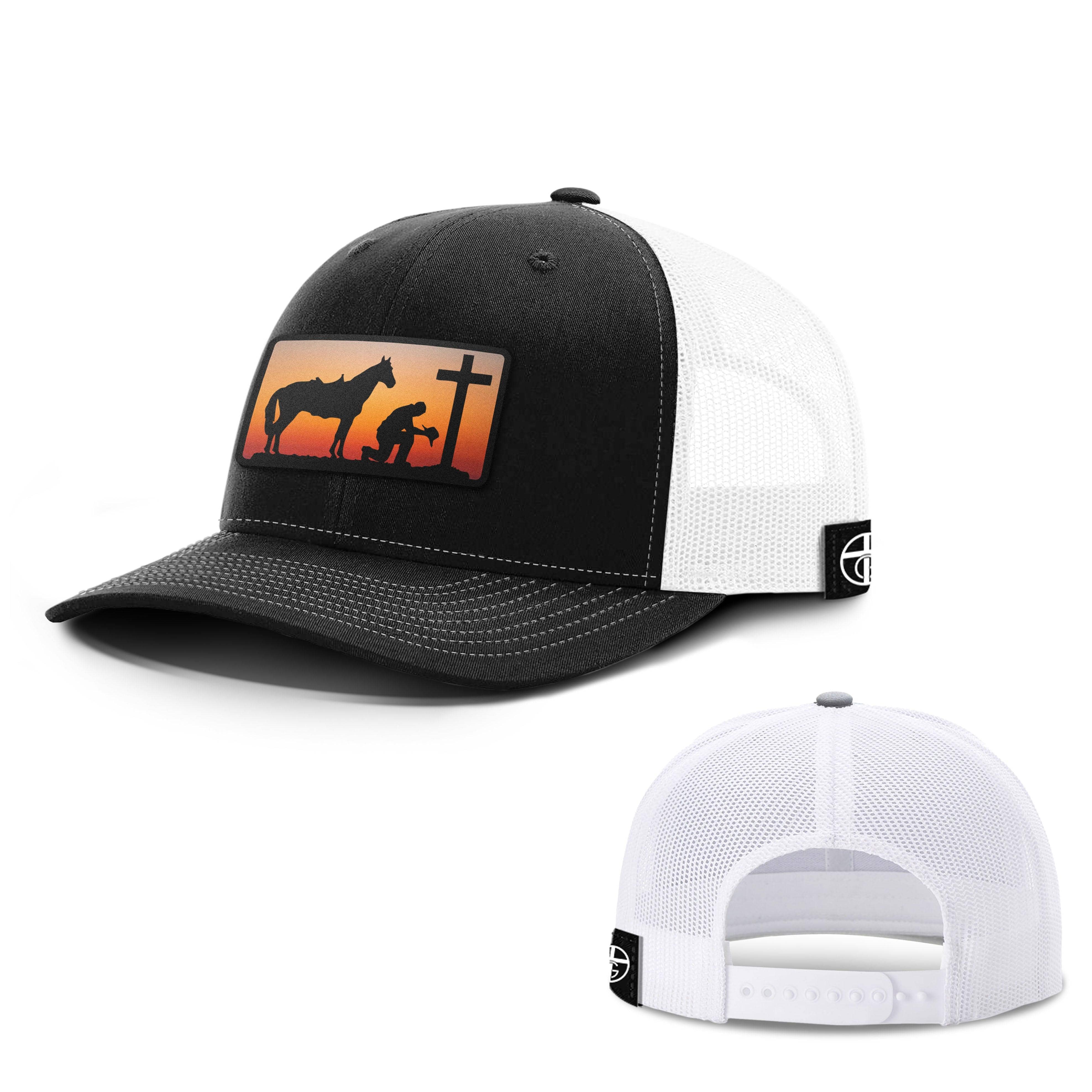 Our True God Hat Snapback / Black and White / One Size Kneeling Cowboy Patch Hats