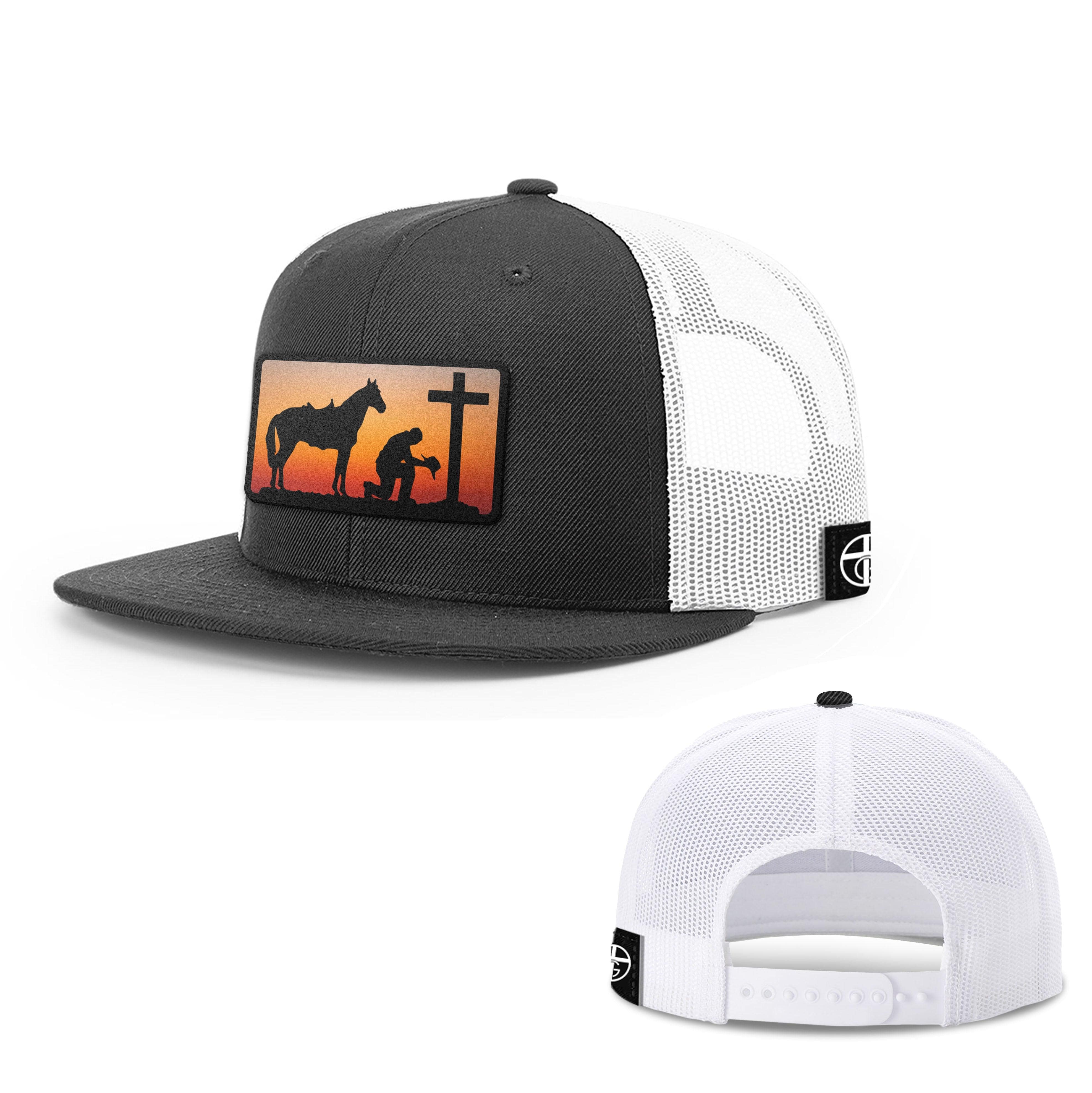 Our True God Hat Snapback Flatbill / Black and White / One Size Kneeling Cowboy Patch Hats