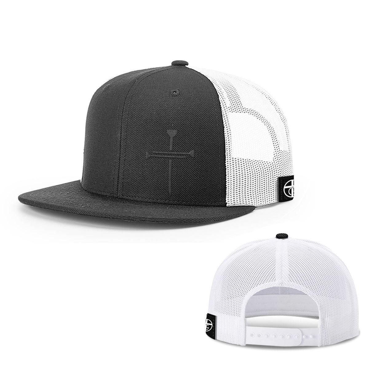 Our True God Hat Snapback Flatbill / Black and White / One Size Nail Cross Lower Left Blackout Version Hats