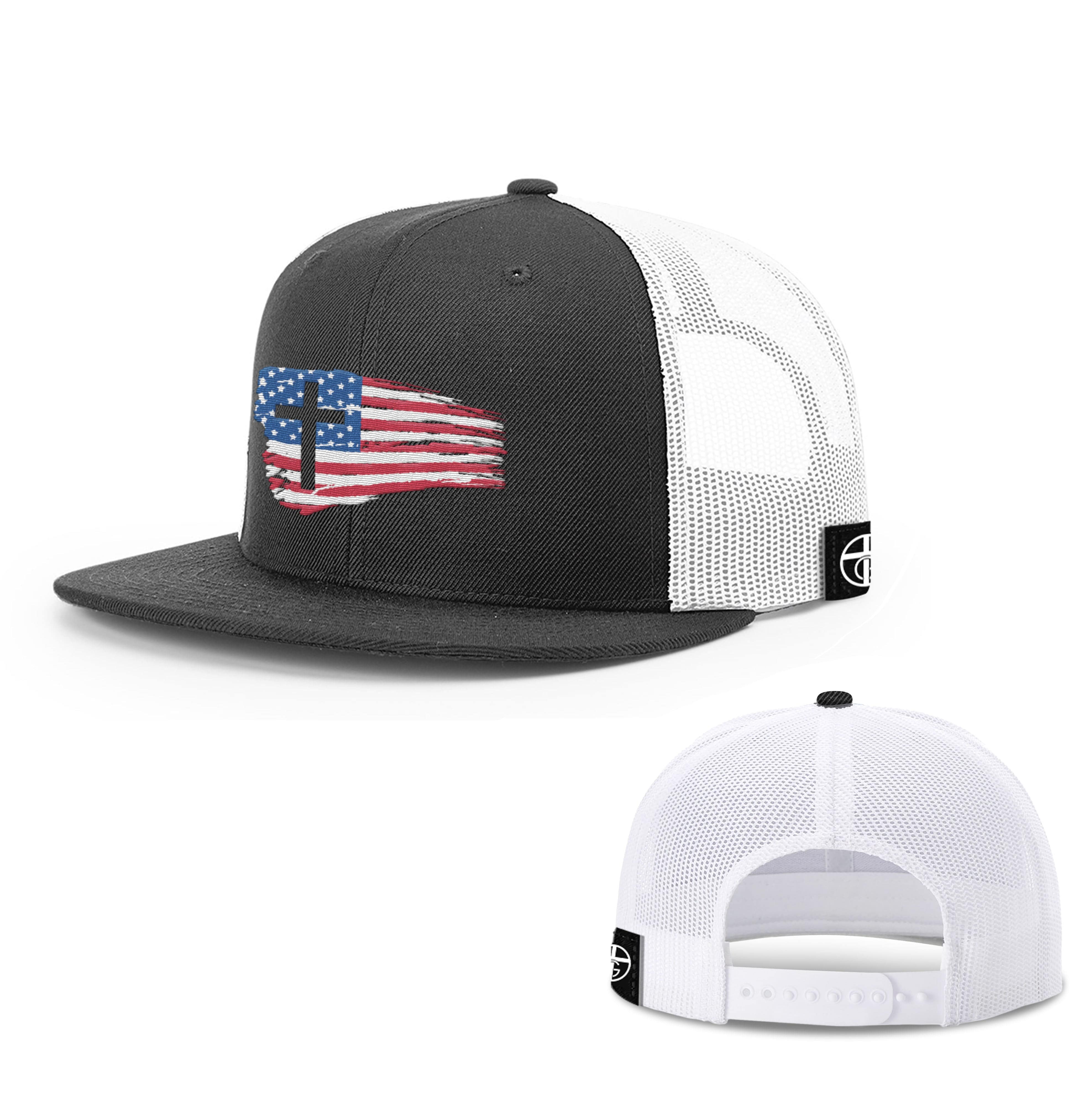 Our True God Hat Snapback Flatbill / Black and White / One Size Tattered USA Flag Hats