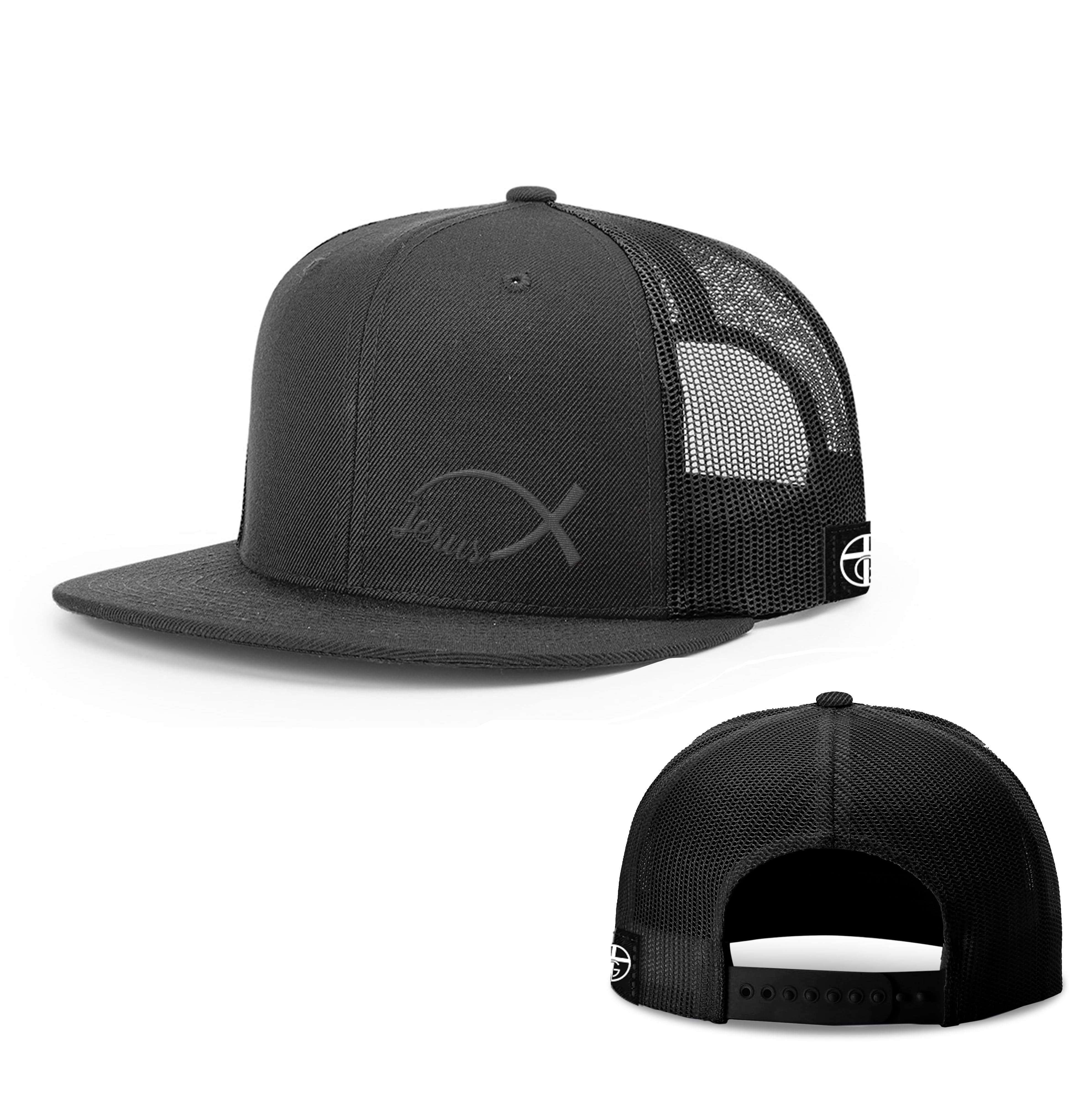 Our True God Hat Snapback Flatbill / Full Black / One Size Jesus Fish Lower Left Blackout Version Hats