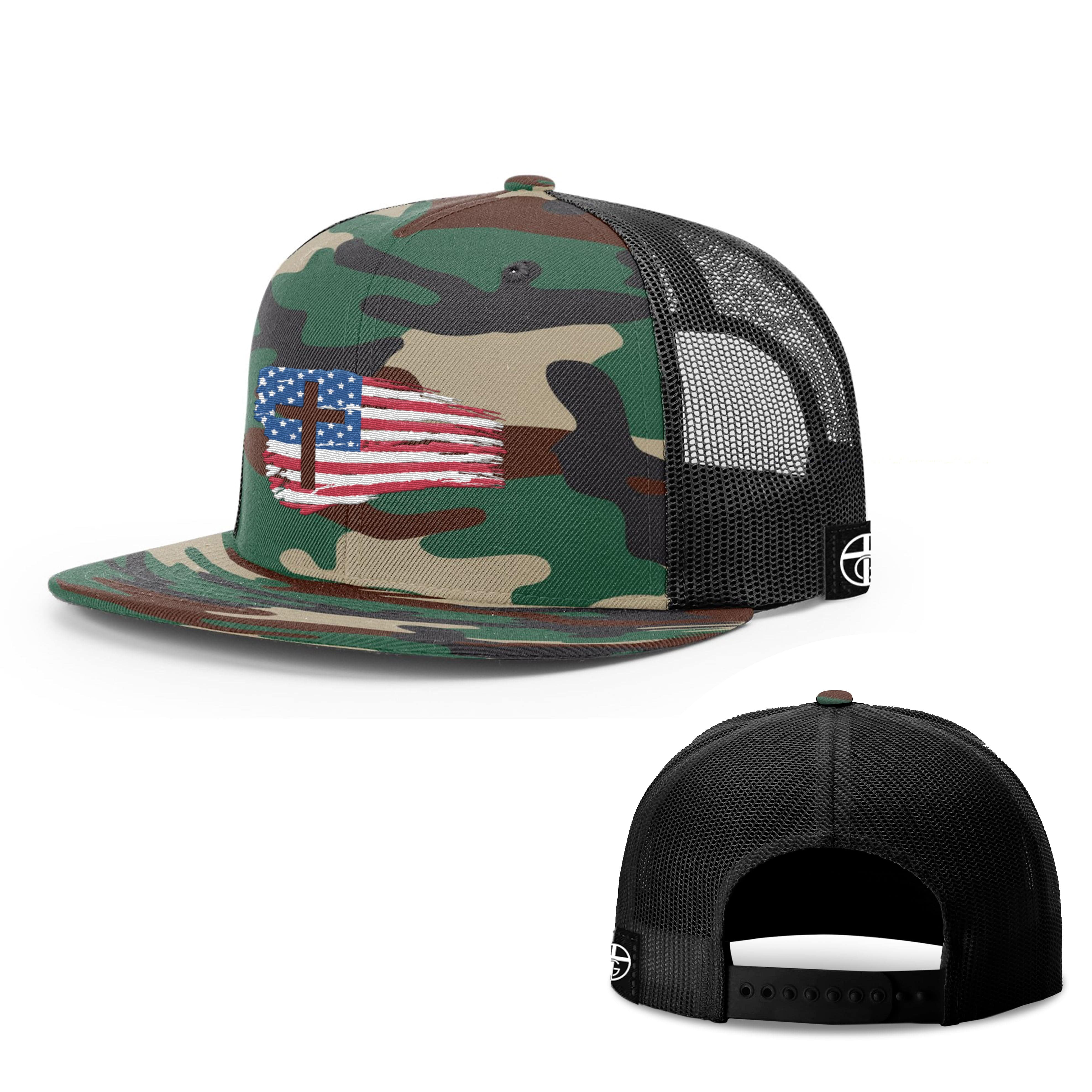 Our True God Hat Snapback Flatbill / Green Camo and Black / One Size Tattered USA Flag Hats