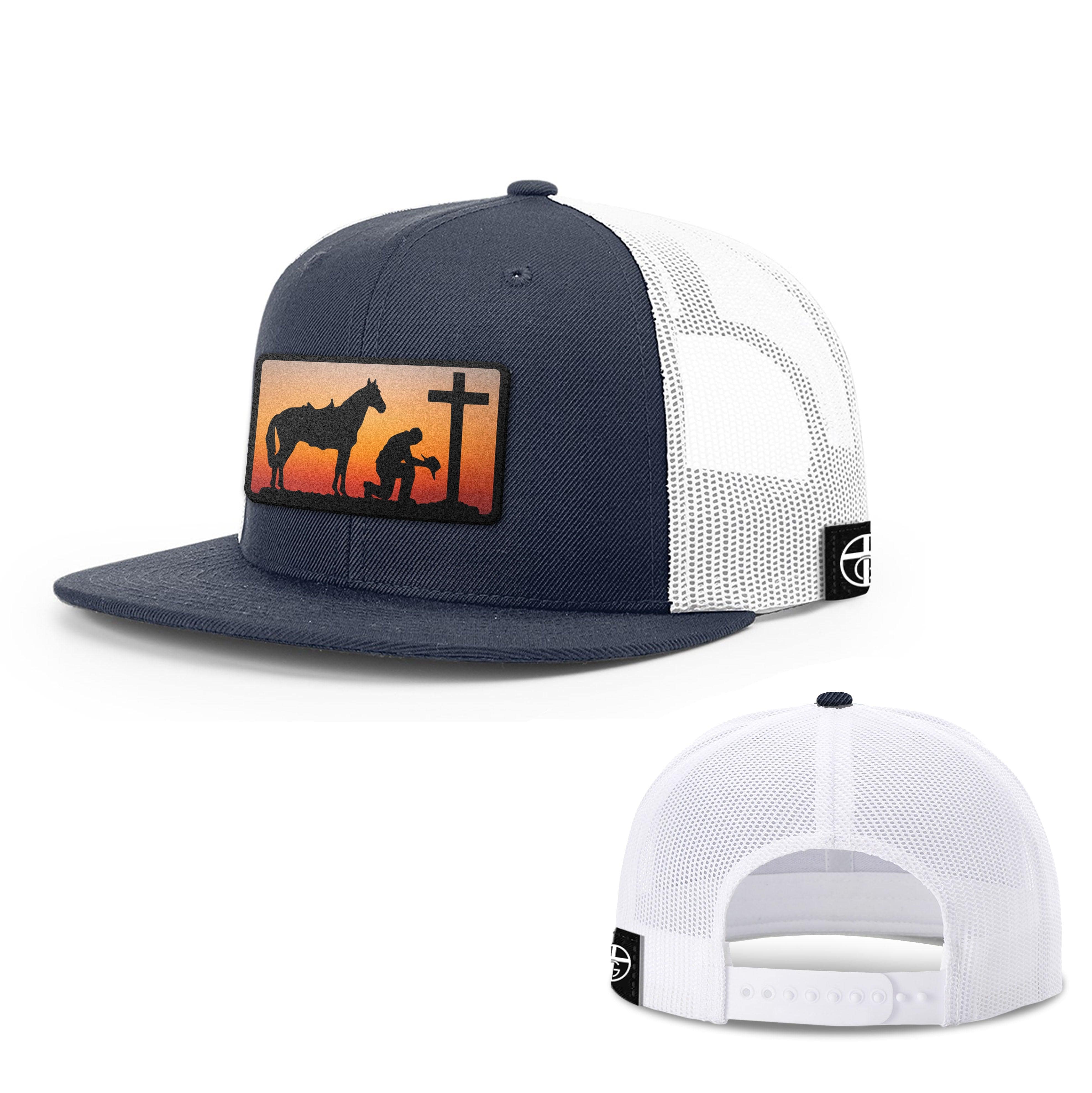 Our True God Hat Snapback Flatbill / Navy and White / One Size Kneeling Cowboy Patch Hats