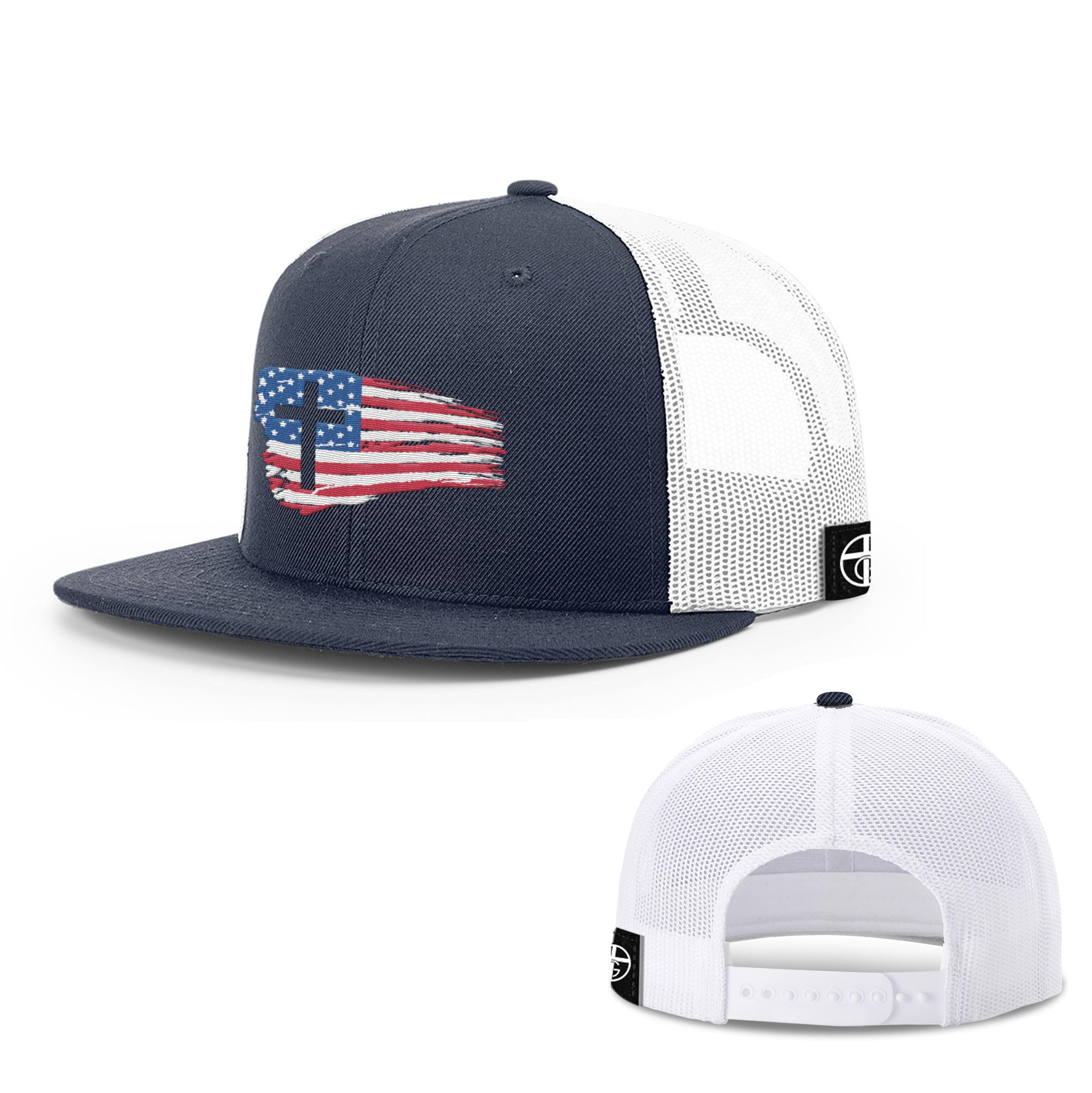 Our True God Hat Snapback Flatbill / Navy and White / One Size Tattered USA Flag Hats