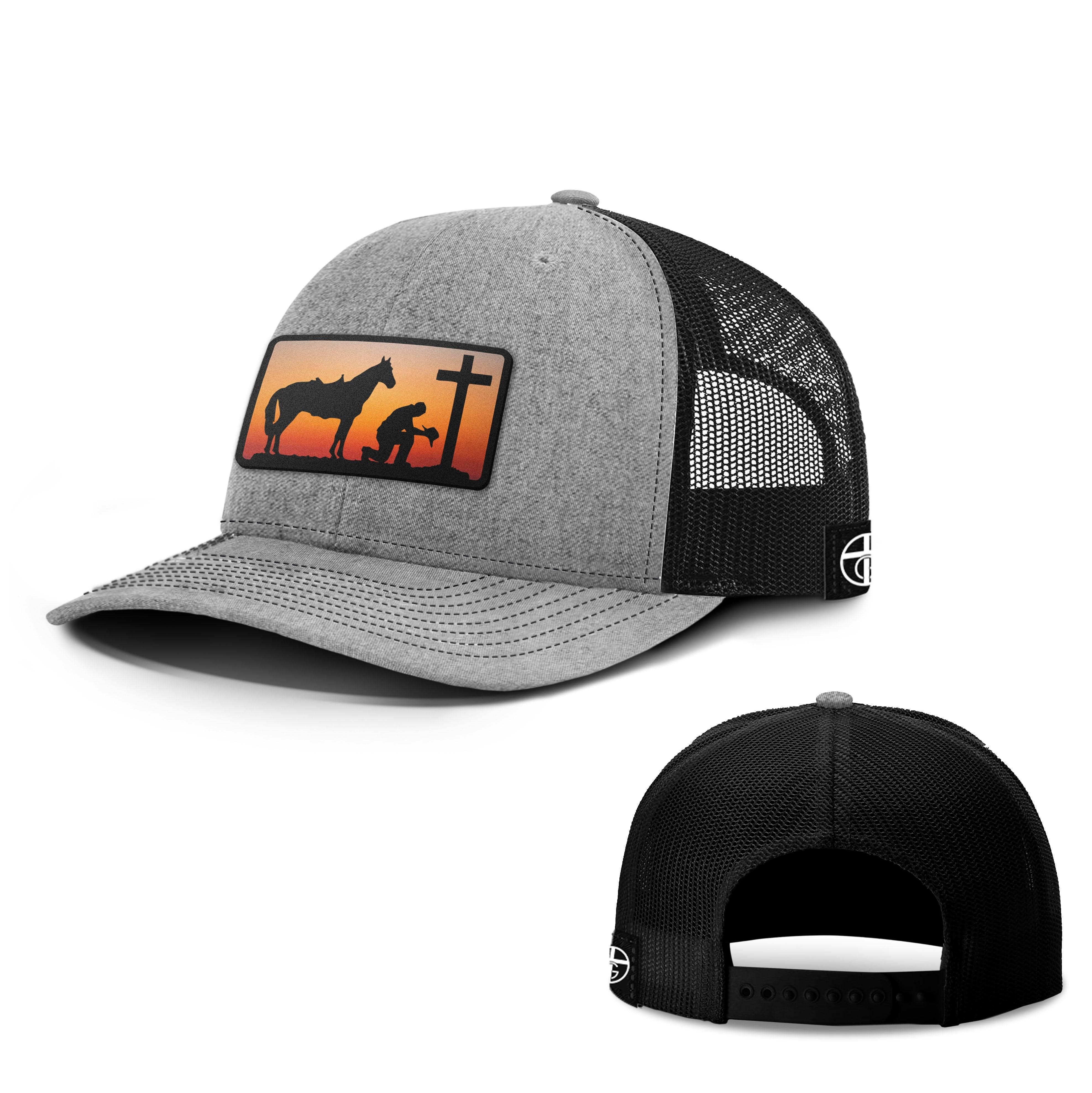 Our True God Hat Snapback / Heather and Black / One Size Kneeling Cowboy Patch Hats