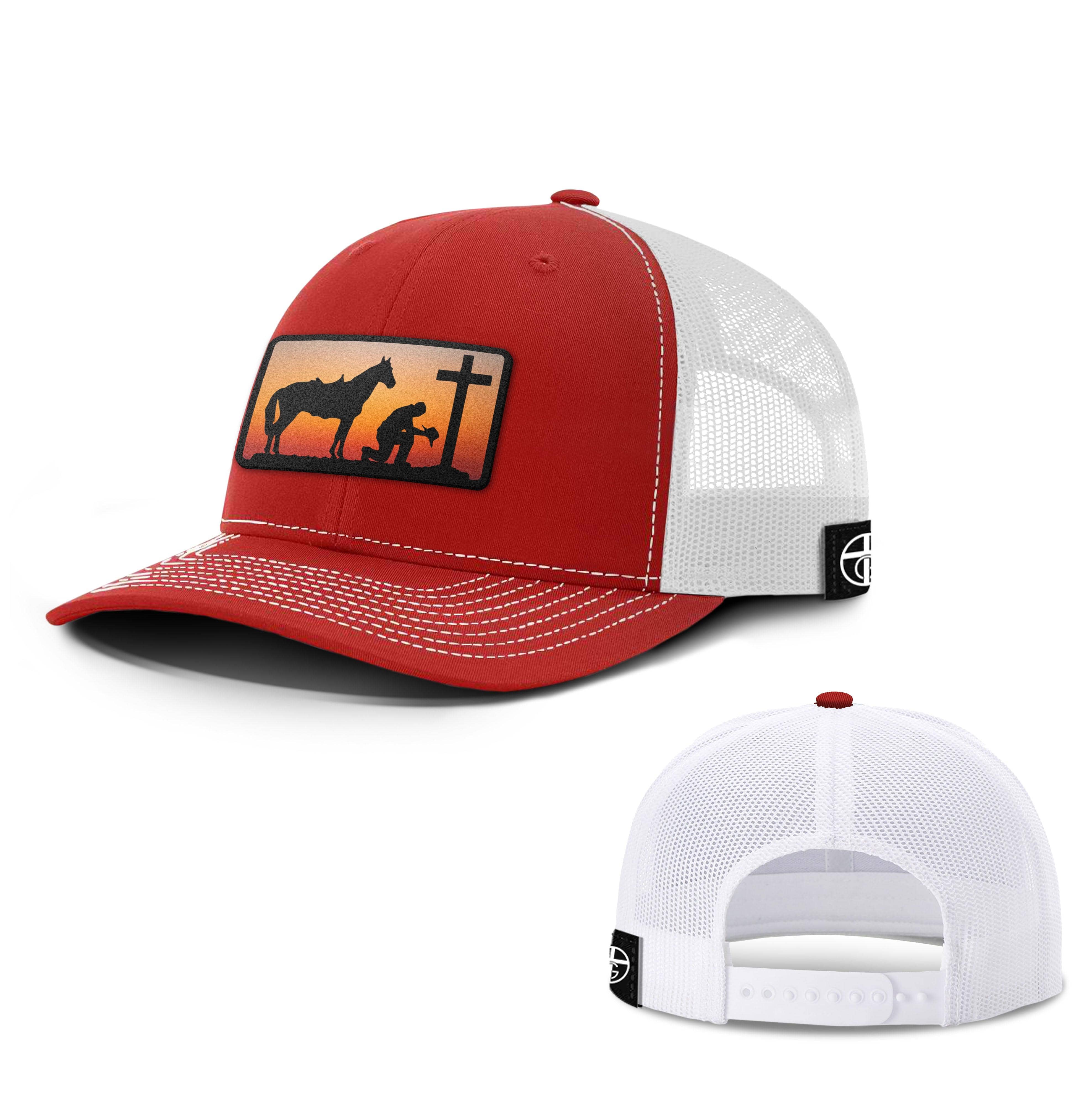 Our True God Hat Snapback / Red And White / One Size Kneeling Cowboy Patch Hats