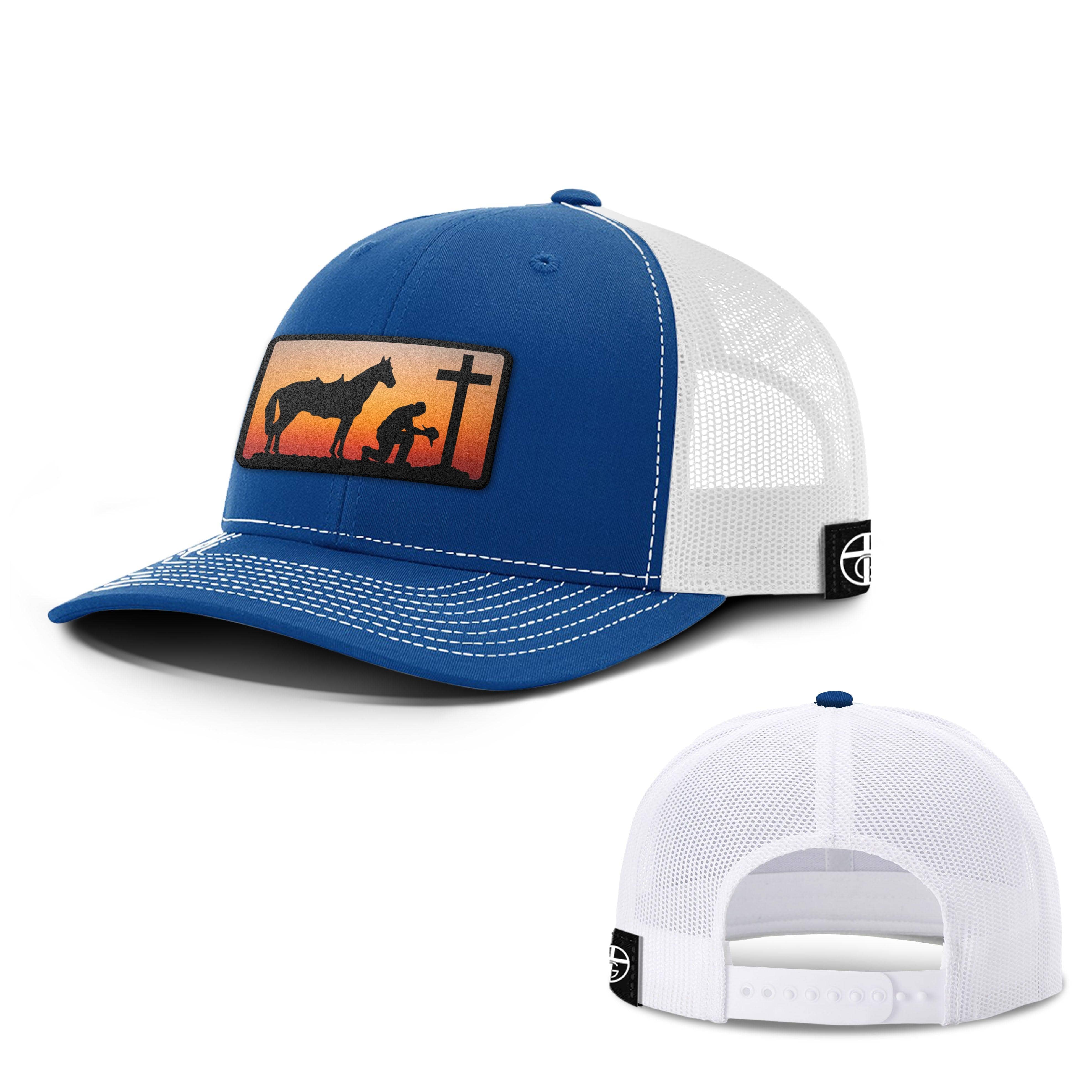 Our True God Hat Snapback / Royal Blue and White / One Size Kneeling Cowboy Patch Hats