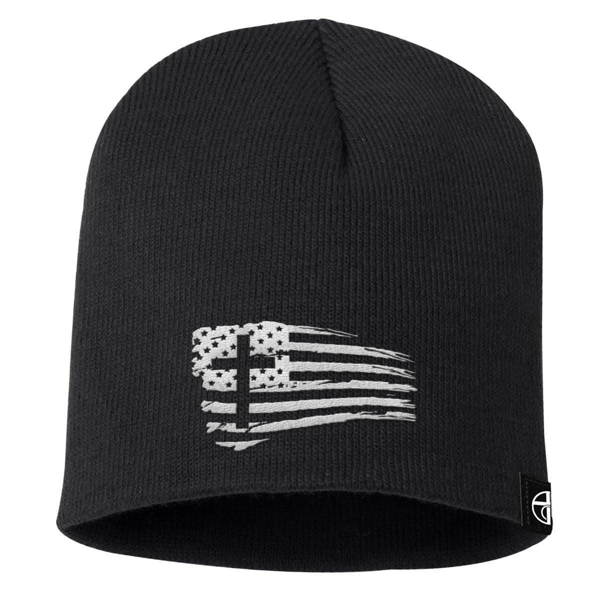 Our True God Hat Uncuffed Beanies / Black / One Size Tattered Flag Cross Beanies