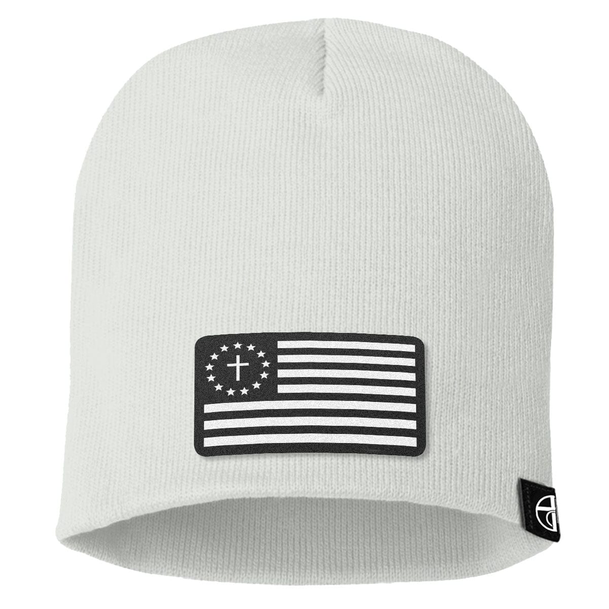 Our True God Hat Uncuffed Beanies / White / One Size One Nation Under God White Leather Patch Beanies