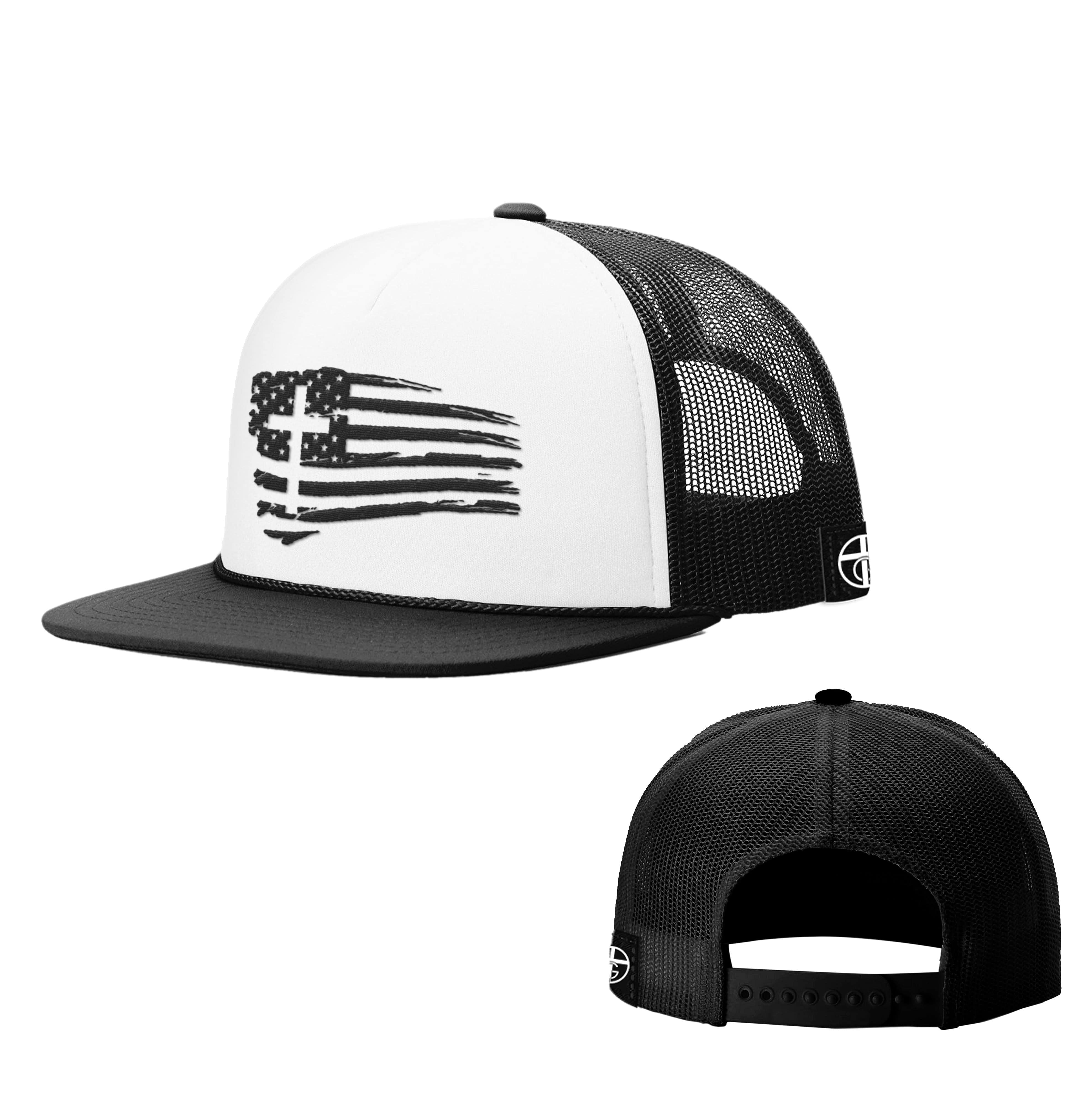 Our True God Hat White and Black / One Size Tattered Flag Cross Foam Trucker Hats