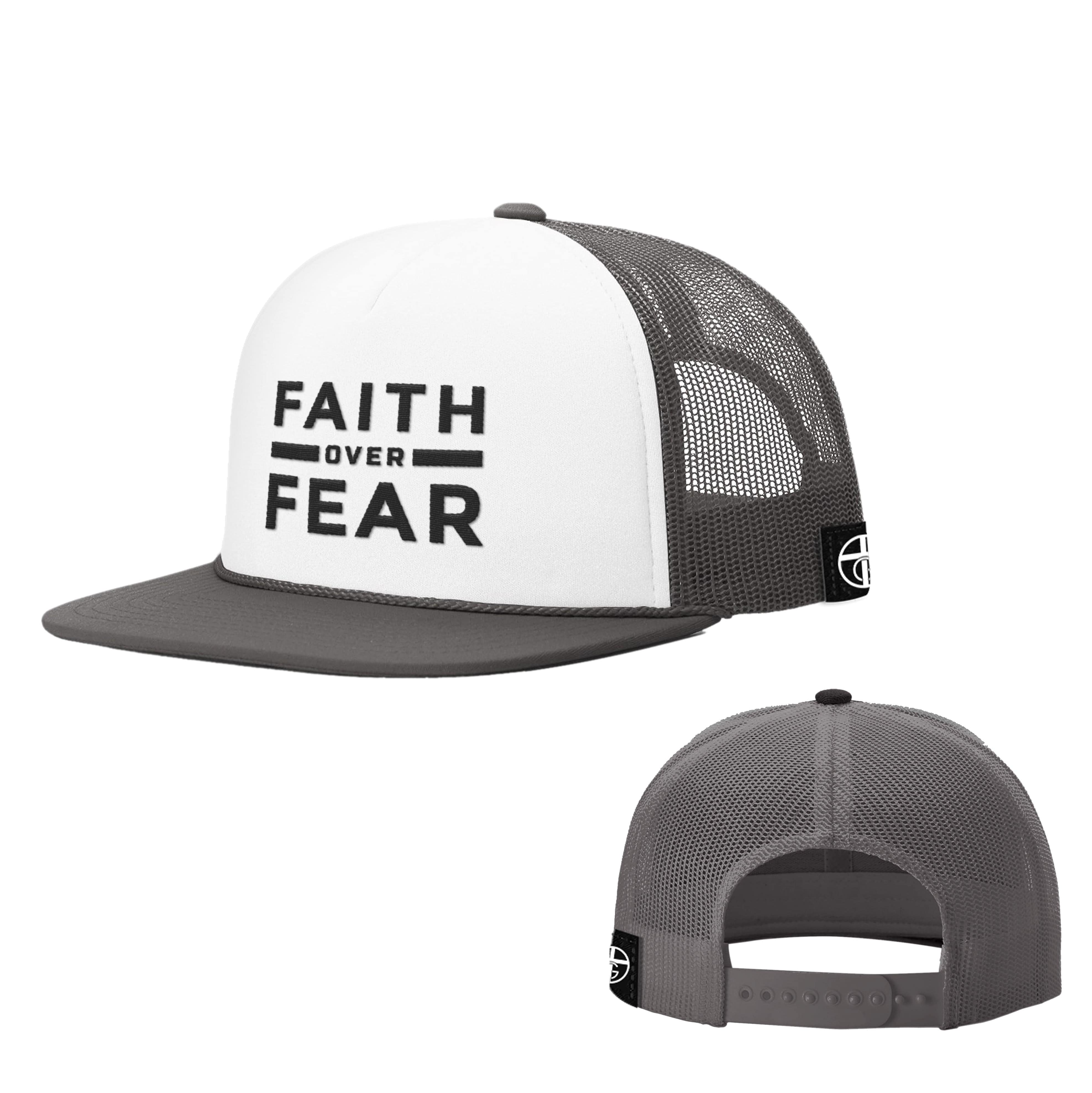 Our True God Hat White and Charcoal / One Size Faith Over Fear Foam Trucker Hats