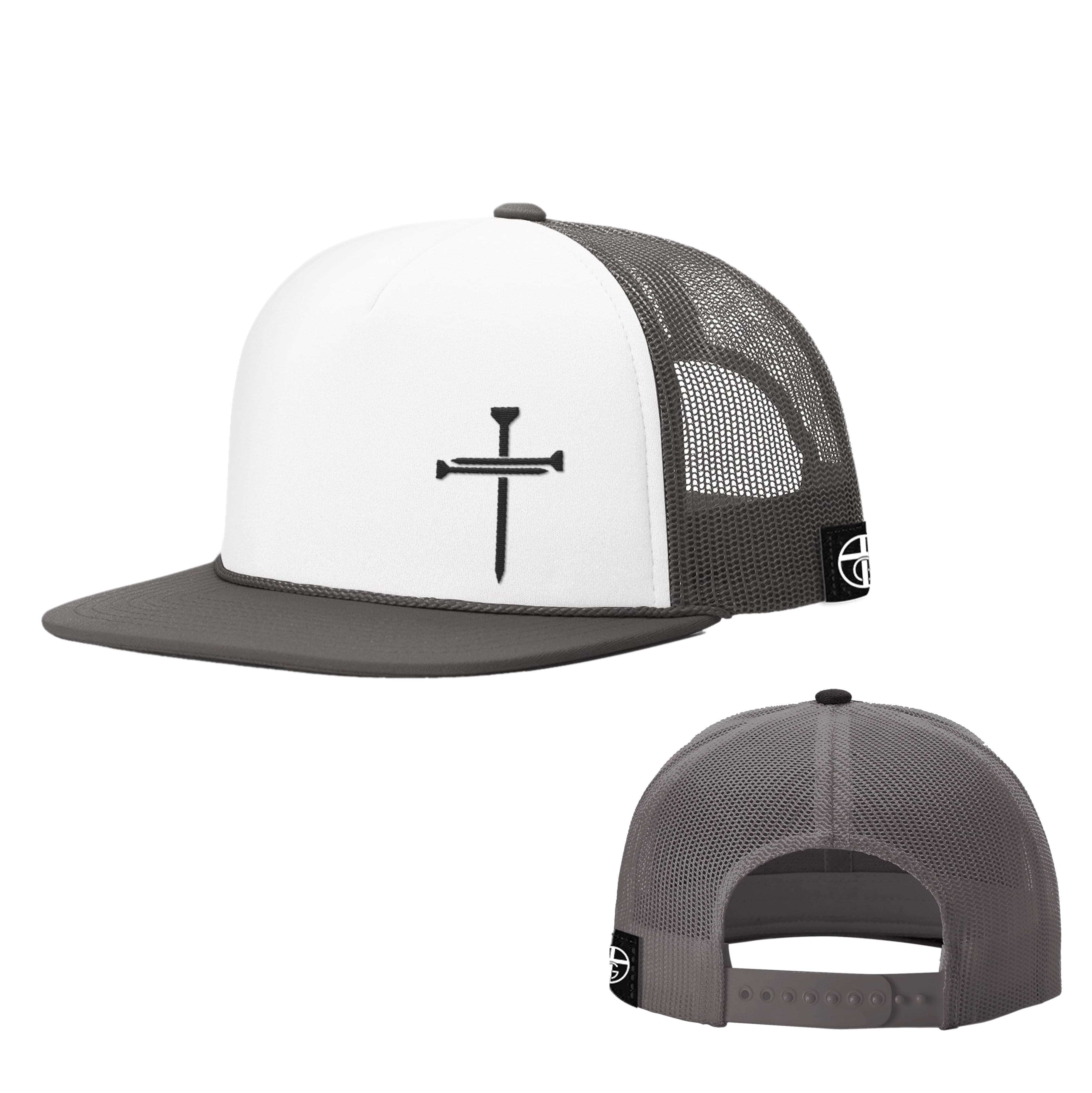 Our True God Hat White and Charcoal / One Size Nail Cross Lower Left Foam Trucker Hats