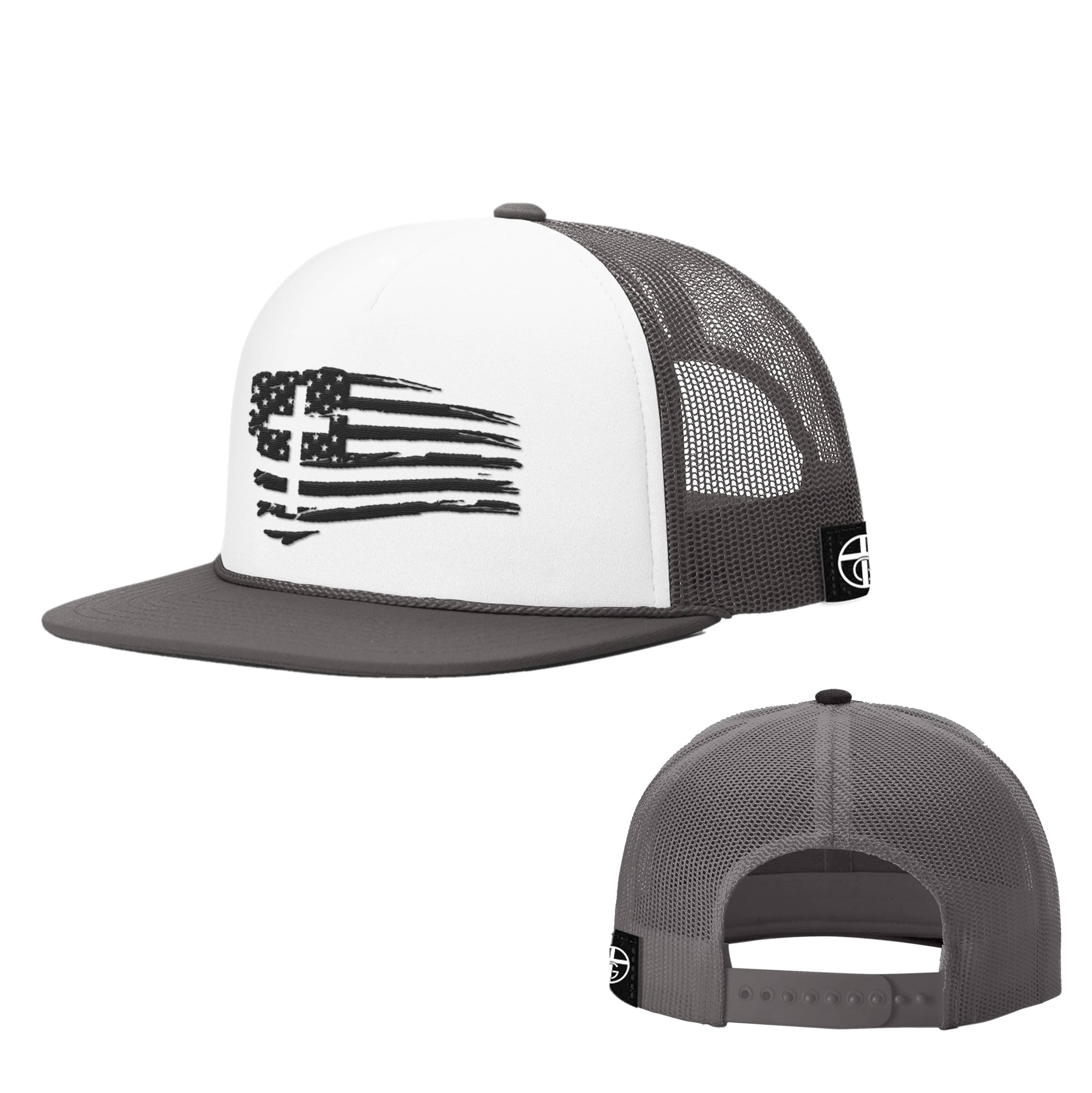 Our True God Hat White and Charcoal / One Size Tattered Flag Cross Foam Trucker Hats