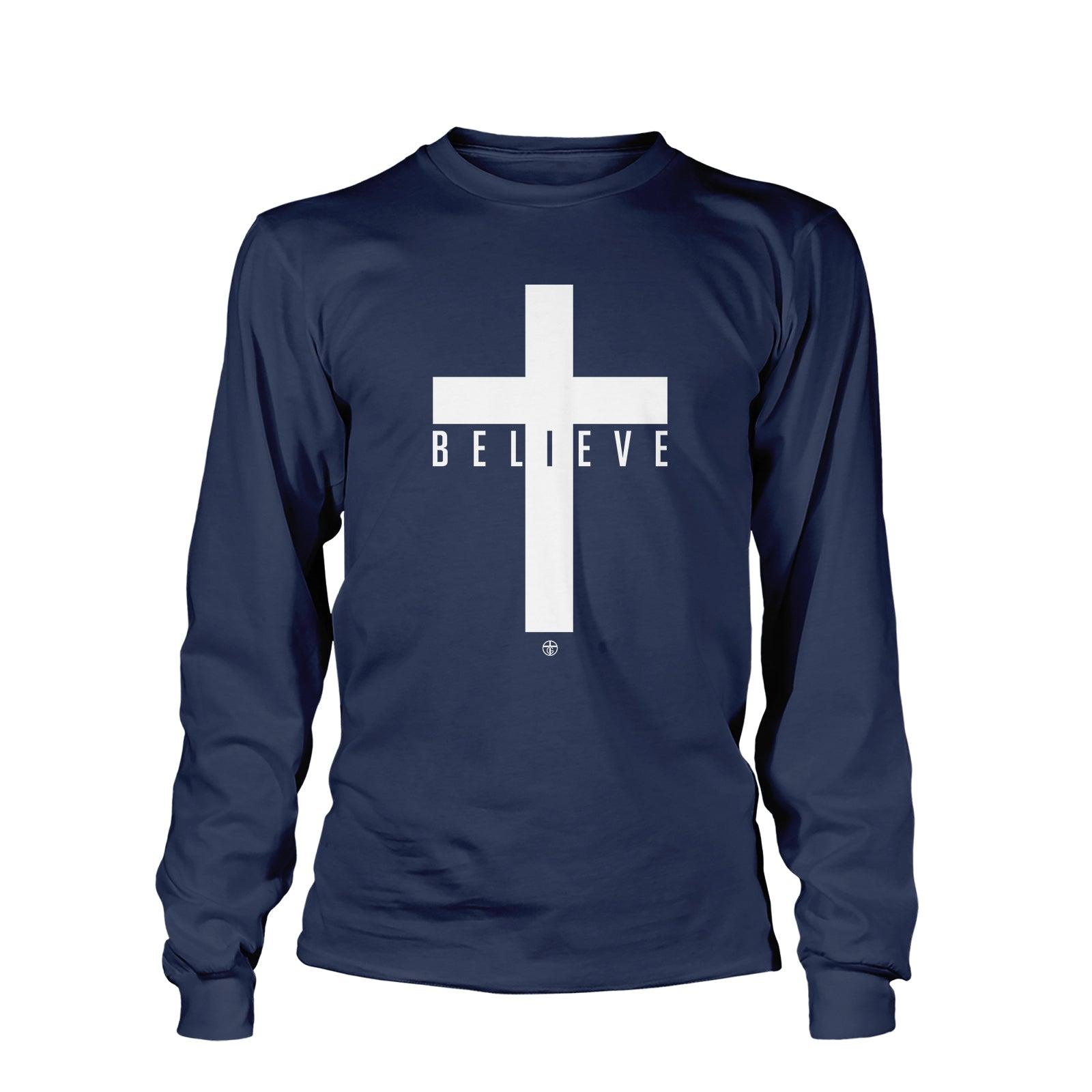 SunFrog Solutions Apparel Long Sleeves / Navy / S Cross Believe Long Sleeve T-Shirt