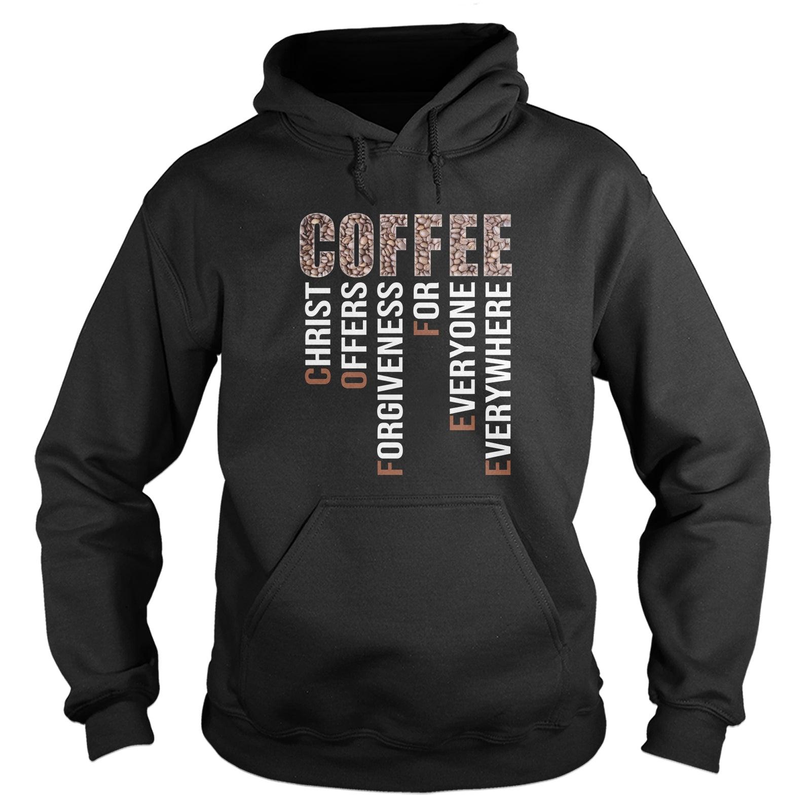 Our True God Apparel Hoodie / Black / S Coffee Christ Offers Forgiveness Long Sleeve