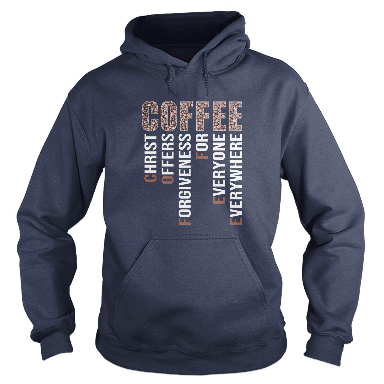 Our True God Apparel Hoodie / Navy / S Coffee Christ Offers Forgiveness Long Sleeve