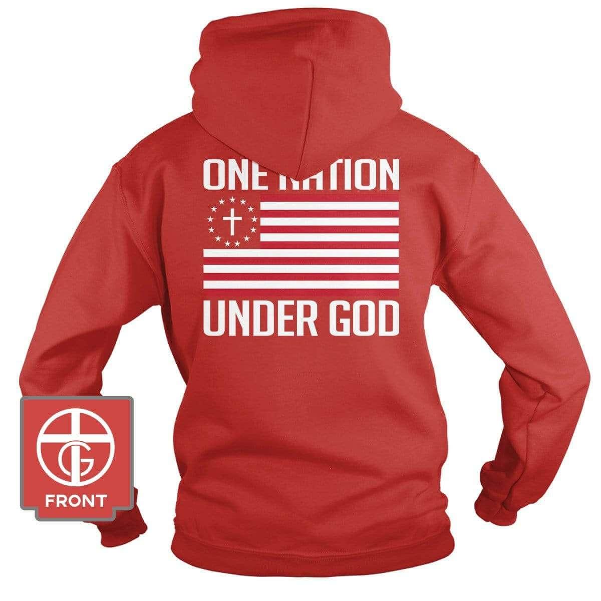 Our True God Apparel Hoodie / Red / S One Nation Under God (Back Print)