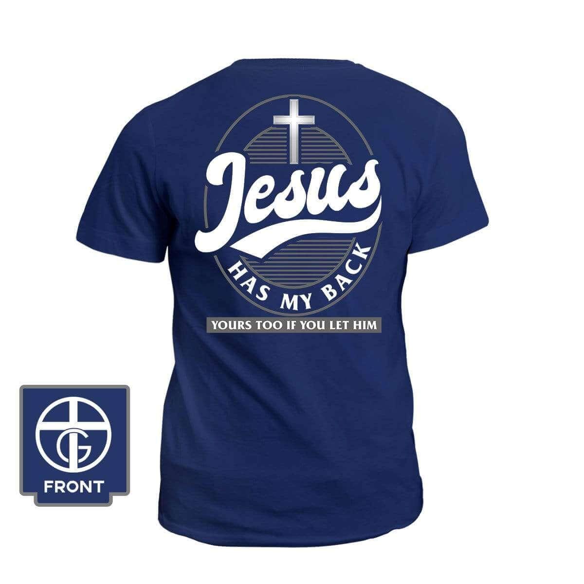 Our True God Apparel T-Shirt / Navy / S Jesus Has My Back (Back Print)