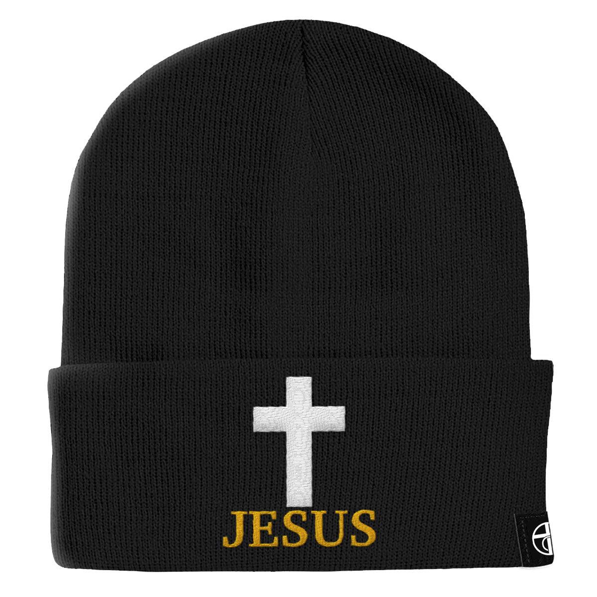 Our True God Hat Cuffed Beanies / Black / One Size Jesus Cross Beanies