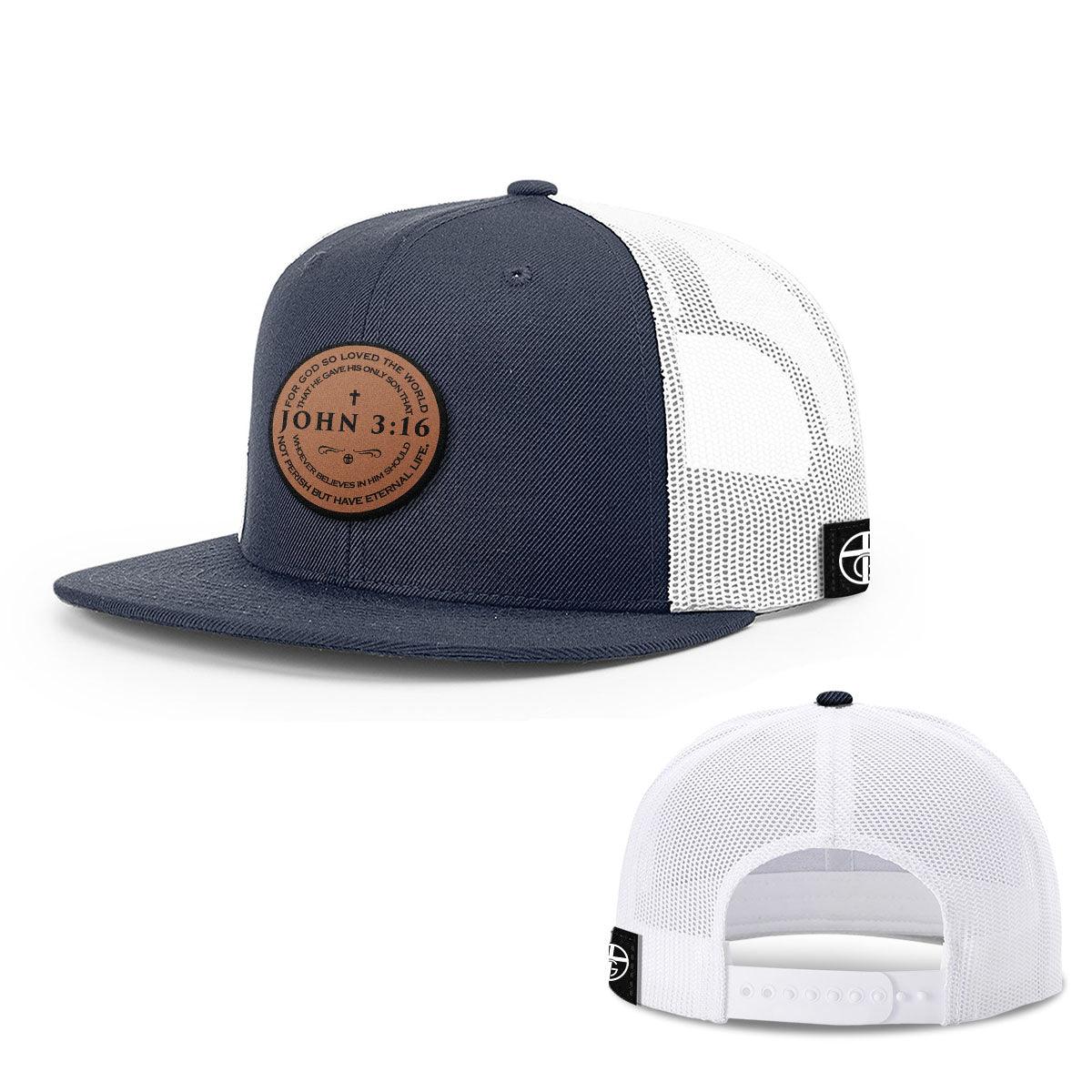 Our True God Hat Snapback Flatbill / Navy and White / One Size John 3:16 Circle Leather Patch Hats