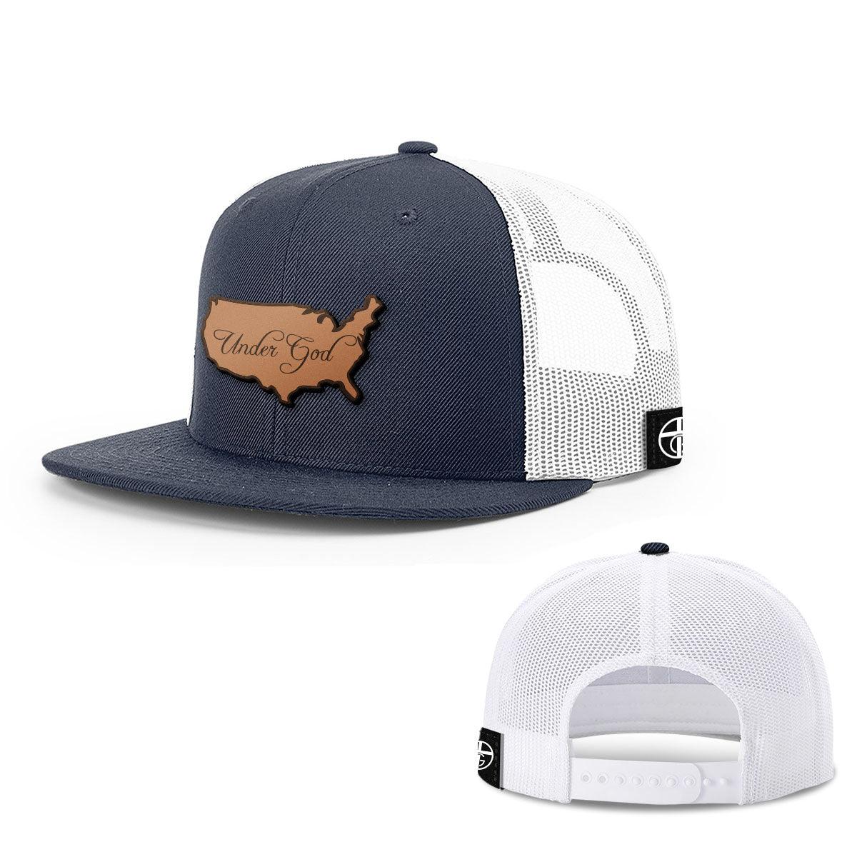 Our True God Hat Snapback Flatbill / Navy and White / One Size Under God Leather Patch Hats