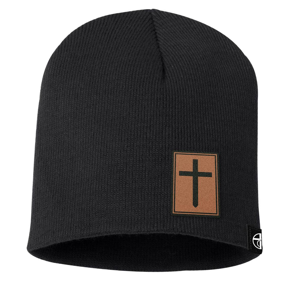 Our True God Hat Uncuffed Beanies / Black / One Size Cross Lower Left Leather Patch Beanies